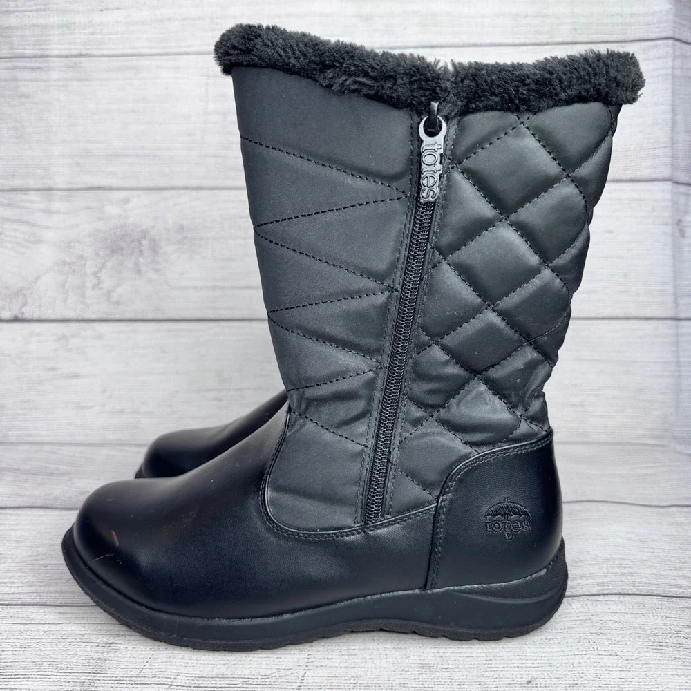 Totes Womens Black Quilted Mid Calf Winter Boots Faux Fur‎ Trim Size 8